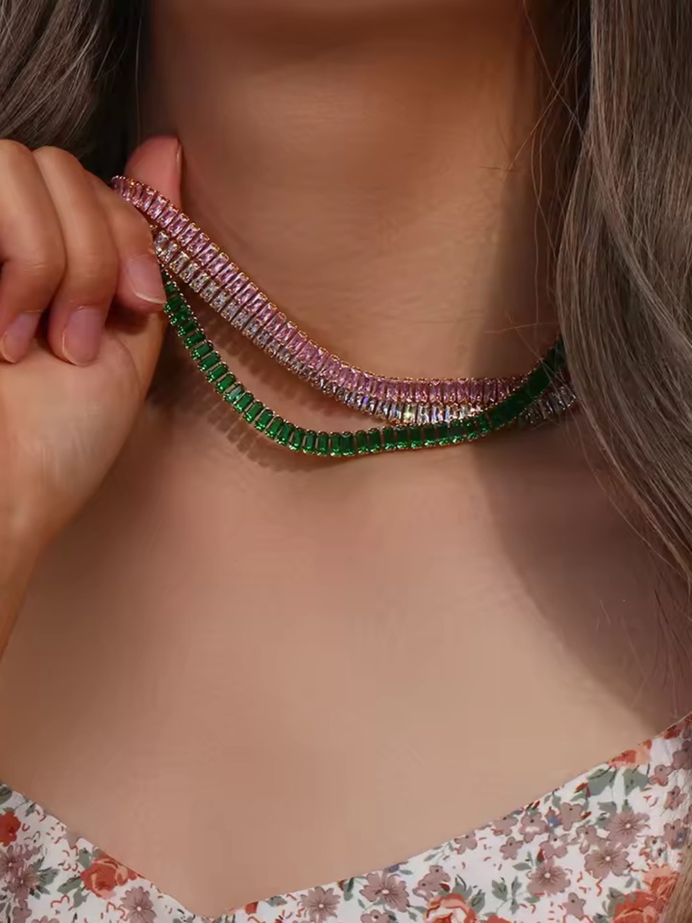 14 k gold plate emerald Green Crystal Tennis Necklace - Women Jewelry